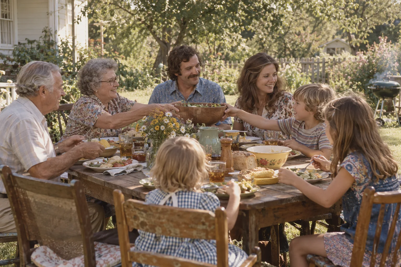 AI-created illustration of a family table, accompanying a fictional memoir page.